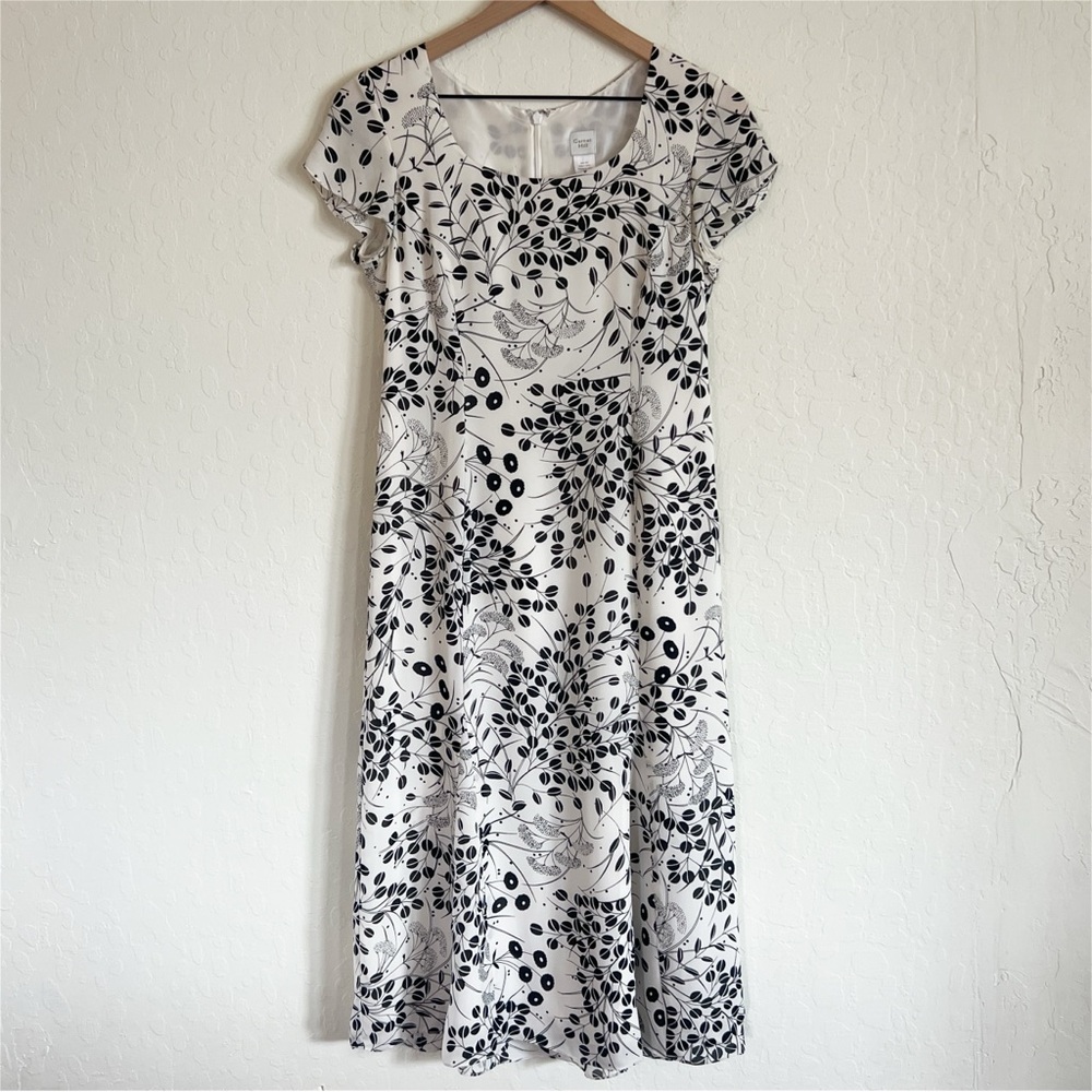 Garnet Hill 100% Silk Floral Leaf Print Short Sleeve Midi Dress 2 Petite Ivory